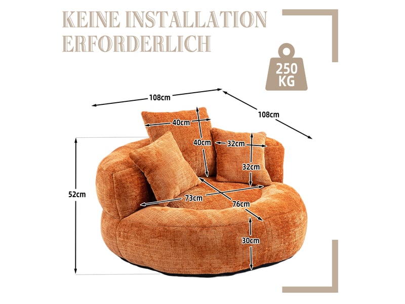  Fauteuil pouf single en chenille orange, dossier haut, sans installation  - Conforama C