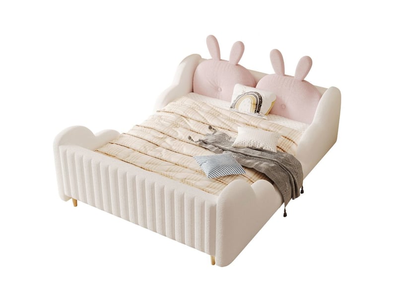  Lit rembourré double 140 x 200 cm avec coussins en forme de lapin, côtés en forme de nuage, plateforme mignonne en velours teddy, blanc, sans matelas  - Conforama A