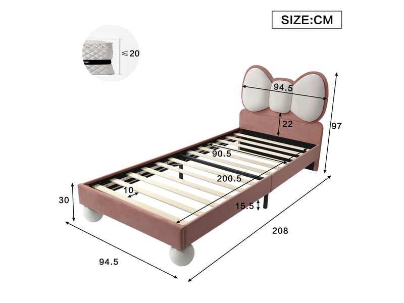  Lit enfant rembourré 90x200 cm, tête de lit papillon, led réglable sous lit, sommier à lattes, sans matelas, velours beige rose  - Conforama D