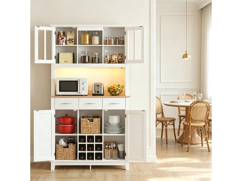 Buffet de cuisine avec 4 portes, 3 tiroirs, 3 niches, casier à bouteilles, led, blanc et chêne, 100 × 39,5 × 180 cm - Conforama C