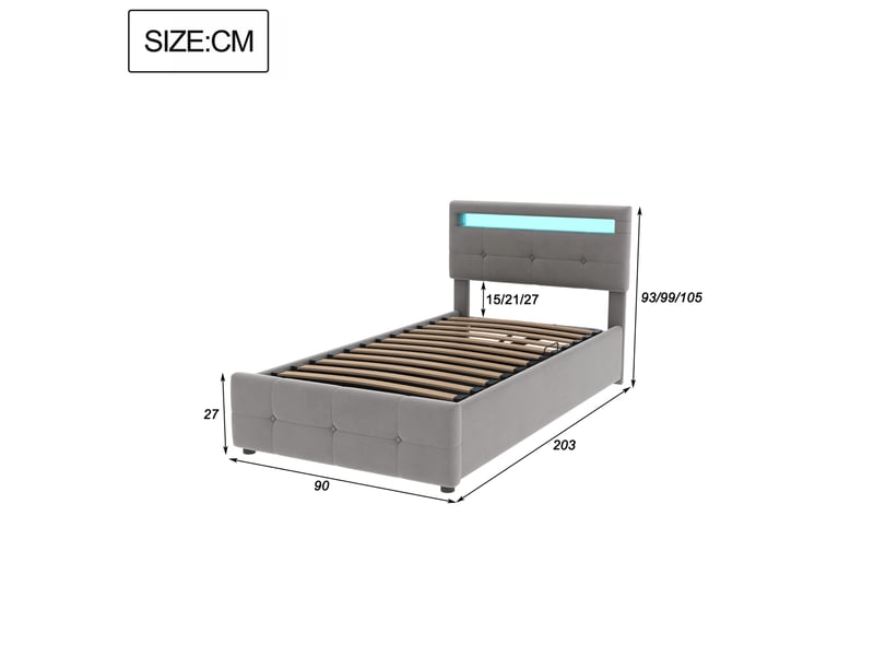  Modenvie lit coffre enfant 90x200 cm - led, rangement hydraulique, sans matelas - gris  - Conforama C