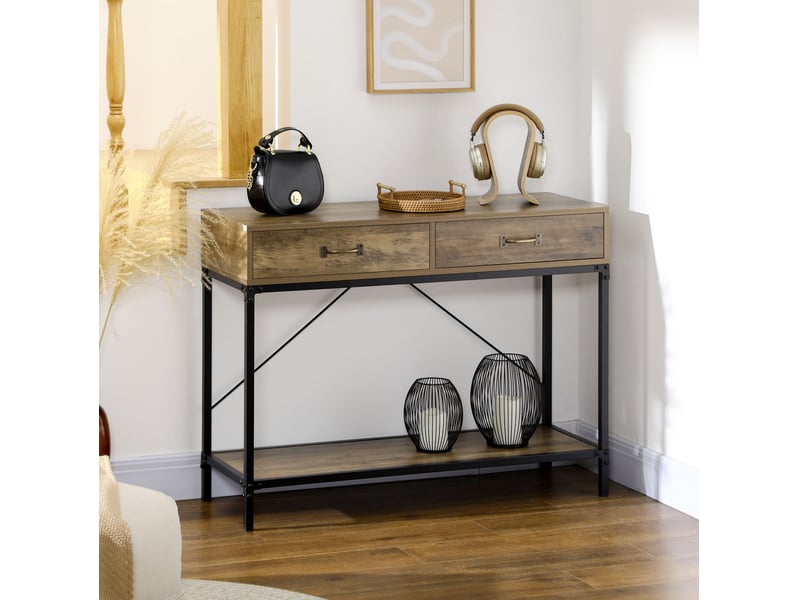  Console avec 2 tiroirs et 1 étagère, style industriel, pour entrée et salon, en bois, brun, 100 × 35 × 76,5 cm  - Conforama B