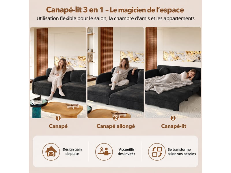  Canapé convertible 3 places 206 x 84 x 90 cm en chenille, 3-en-1 avec coussins amovibles et poches latérales, noir  - Conforama D