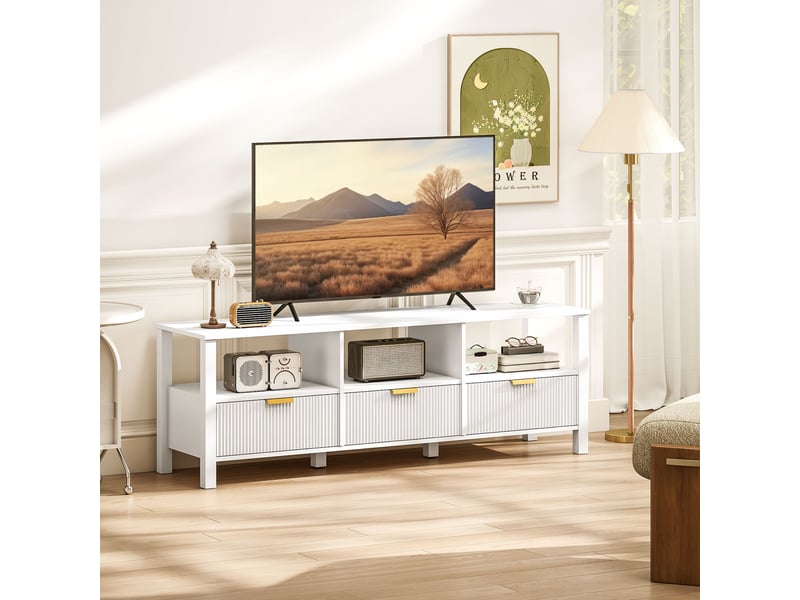  Meuble tv 152 cm, meuble télé pour téléviseur 65 pouces avec 3 tiroirs et 3 étagères ouvertes, blanc, 152x39,5x50cm  - Conforama D
