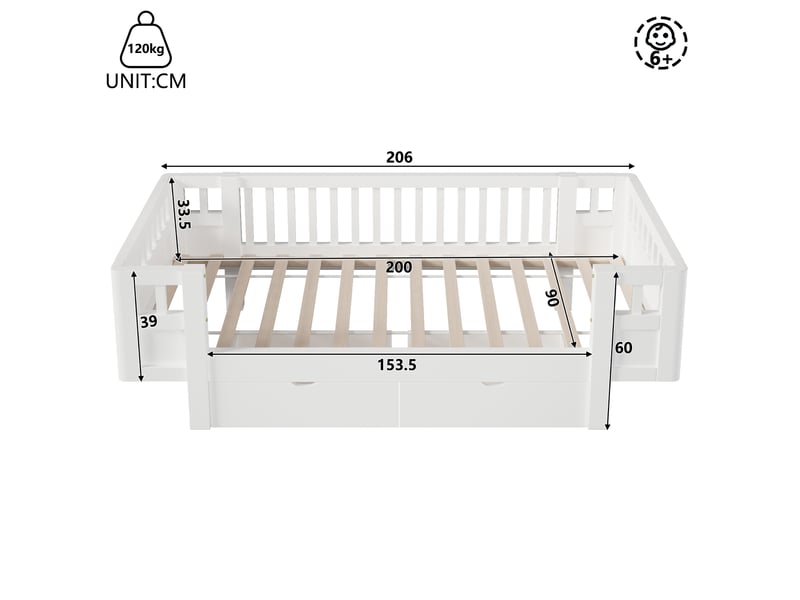  Lit plateforme enfant 90 x 200 cm blanc en mdf et pin, 2 tiroirs et barrière de protection haute  - Conforama C