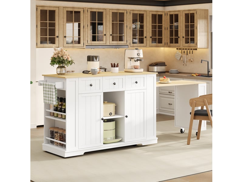 Îlot de cuisine modenvie mobile avec table de repas extensible, 138 x 55 x 93 cm, prises et ports usb, blanc et bois naturel  - Conforama E