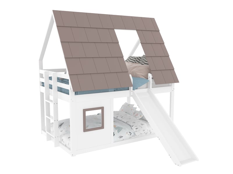  Lit superposé tcqpz maison avec toit, échelle et toboggan 140 x 200 cm bois de pin mdf blanc et marron  - Conforama A