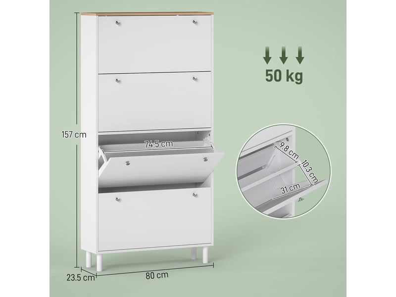  Meuble à chaussures étroit avec 4 tiroirs inclinables et étagères réglables pour 24 à 32 paires de chaussures, 80 x 23,5 x 157 cm, blanc  - Conforama E