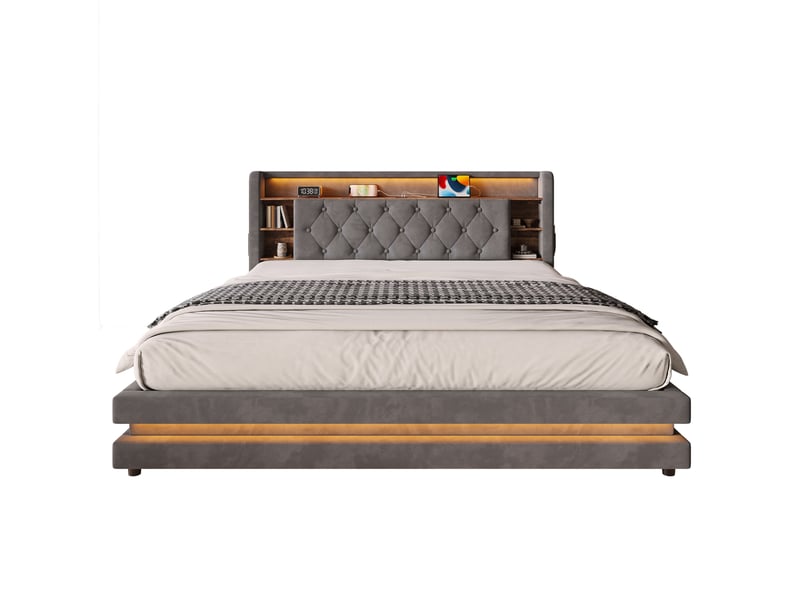  Lit coffre 2 places 180x200 cm en velours gris foncé avec led, usb et tête de lit multifonction, sans matelas  - Conforama A