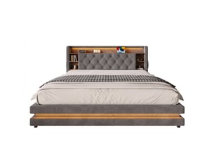 Lit coffre 2 places 180x200 cm en velours gris foncé avec led, usb et tête de lit multifonction, sans matelas