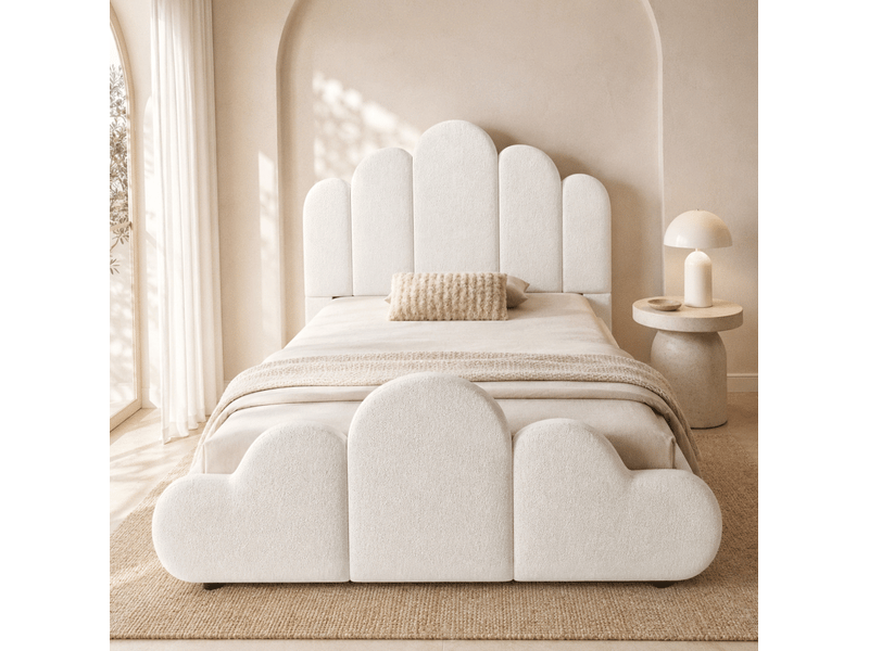  Lit enfant une place modenvie 90 x 200 cm avec tête de lit rembourrée, sommier inclus, bouclé beige  - Conforama E