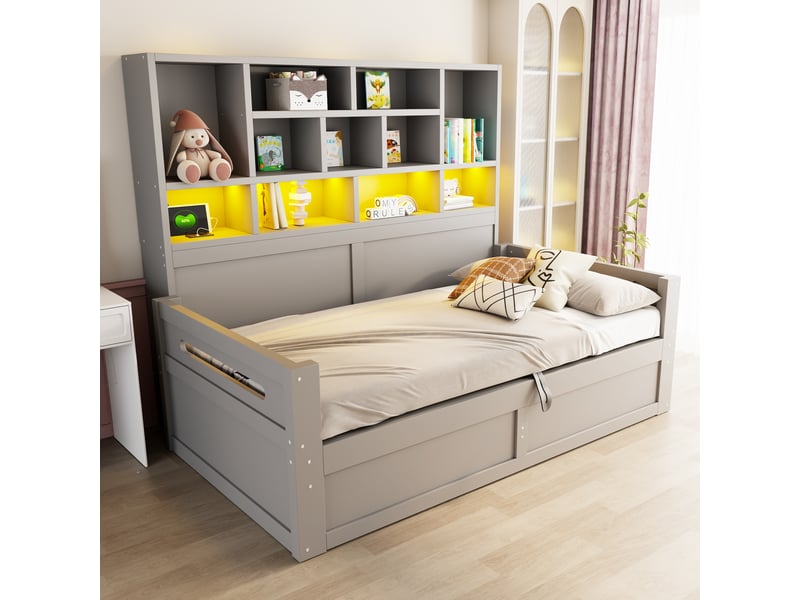 Lit coffre 90x200 cm - lit 1 personne avec rangement - tête de lit led - prises - étagères - gris - Conforama B