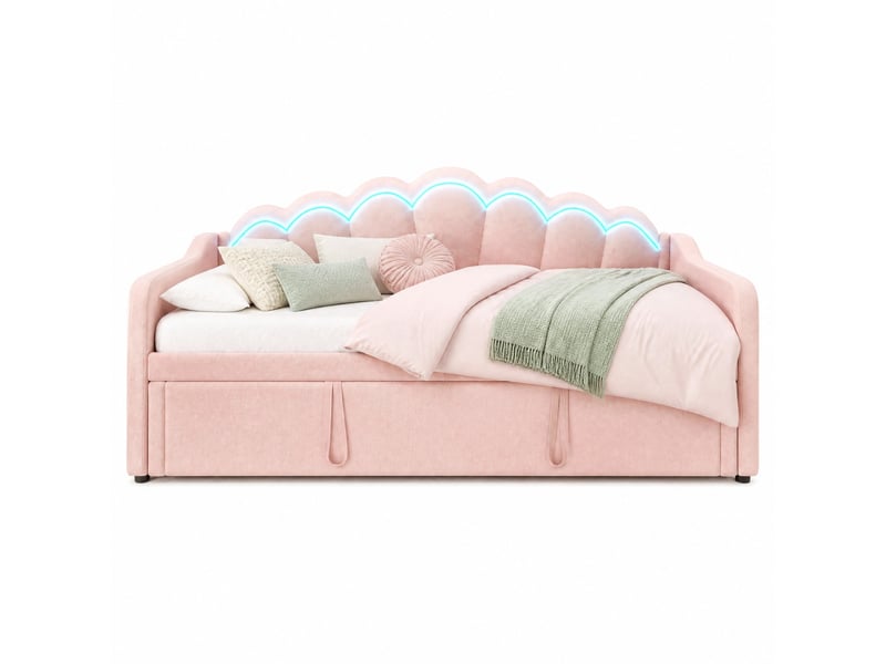 Lit gigogne 90x200 cm extensible 180x200 cm en velours rose avec led - Conforama A