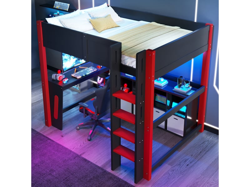  Lit mezzanine, 140 x 200 cm, en pin, avec table, panneau perforé et éclairage led, sans matelas, noir.  - Conforama B