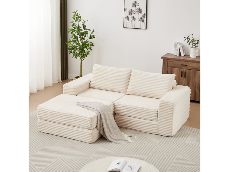  Canapé convertible modulable 2 en 1 en velours côtelé, pouf amovible et utilisable séparément, accoudoirs carrés classiques, 2 coussins inclus beige  - Conforama C