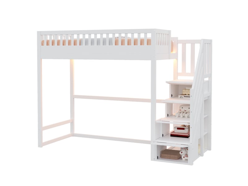  Lit mezzanine, 90x200 cm, escalier de rangement, barrière, lit enfant avec led, matelas non inclus, bois, coloris blanc  - Conforama A
