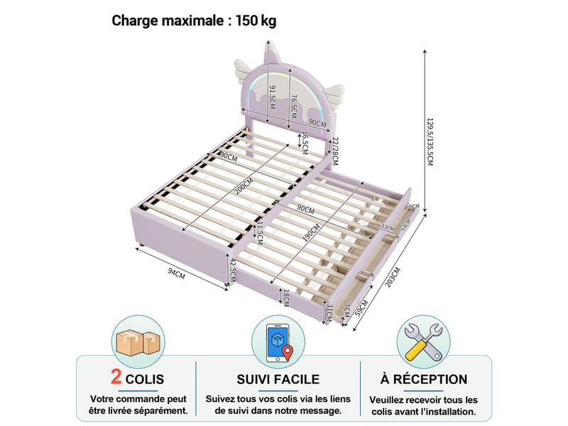  Lit enfant simple 90×200 cm, tête licorne, lit gigogne et tiroirs - okmyhome- en pu violet, sans matelas  - Conforama D