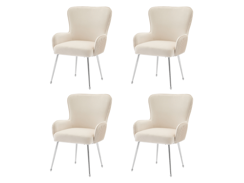  Lot de 4 chaises de salle à manger en velours avec design plissé vertical et 4 pieds réglables en métal argenté,beige chaise beige - Conforama A