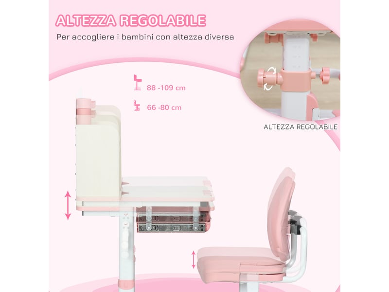 Bureau d'écolier avec chaise pour enfants de 3 à 12 ans, hauteur réglable et plateau inclinable, rose - Conforama E