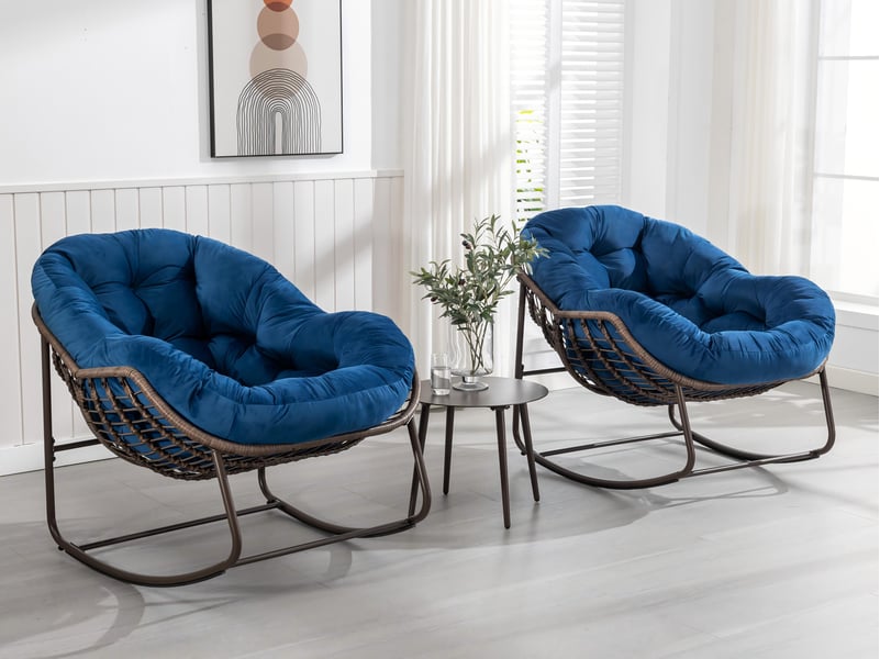  Cocon - lot de 2 fauteuils à bascule en rotin naturel – forme œuf et coussins bleu – confortable pour salon, véranda ou chambre  - Conforama B