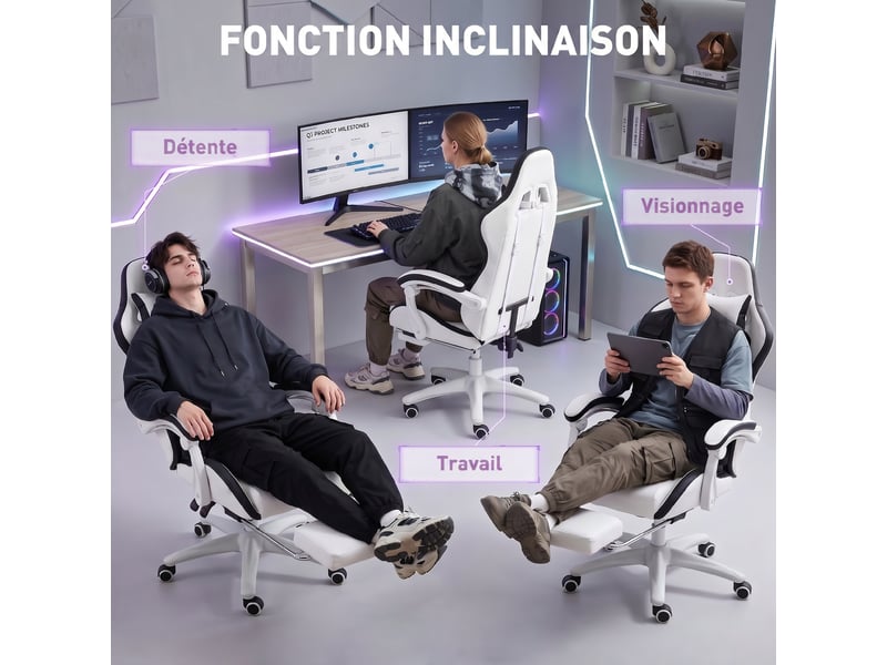 Chaise de bureau gaming blanche et noire, fauteuil gaming inclinable 135° avec repose-pieds - Conforama R