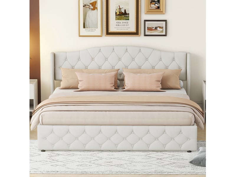 Lit coffre 2 places 180x200 cm en tissu coloris beige - Conforama B