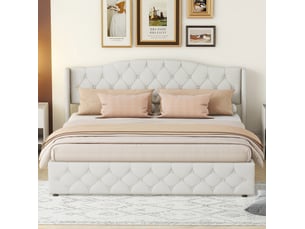 Lit coffre 2 places 180x200 cm en tissu coloris beige