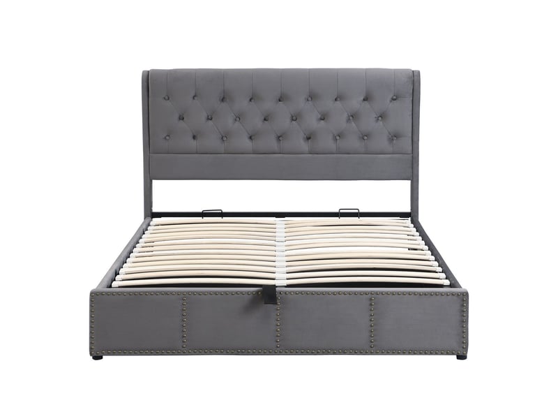 Lit coffre 180x200 - avec grand rangement - lit rembourré - velours gris tête de lit avec clous décoratifs sans matelas - Conforama E
