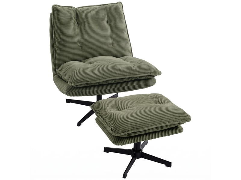Fauteuil de salon - fauteuil lounge avec repose-pieds, pivotant à 360°, revêtement en velours côtelé, vert - Conforama A