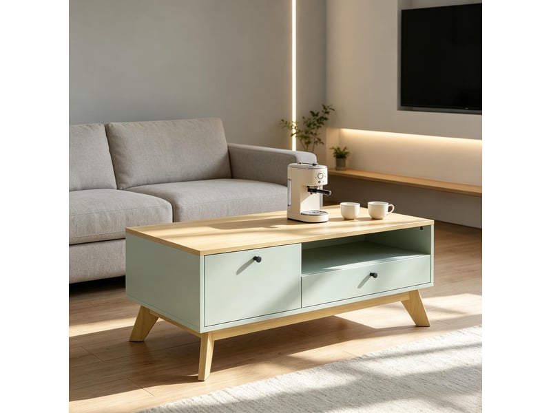  Table basse avec 1 tiroir, 1 porte et 1 niche ouverte, base surélevée 15 cm, en mdf vert clair, 100 × 50 × 40 cm  - Conforama C