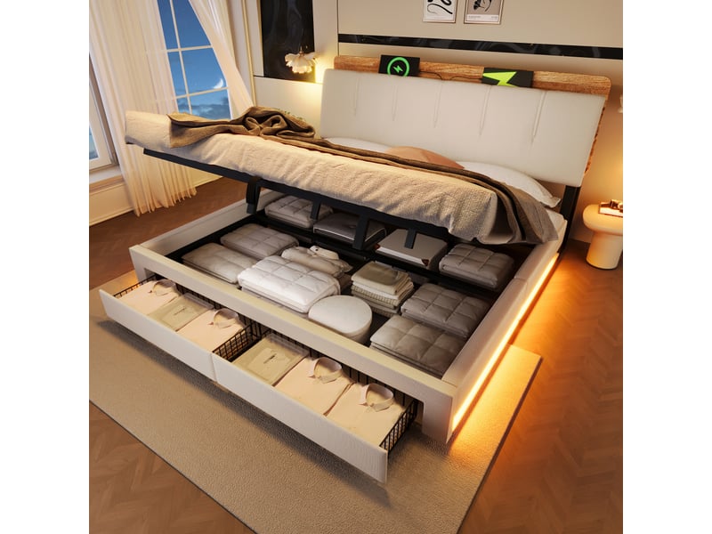 Lit capitonné, 180 x 200 cm, suspension hydraulique, avec port usb type-c, sans matelas, rangement multifonctionnel, éclairage led, commande par bouton-poussoirapplication, lin, beige - Conforama B