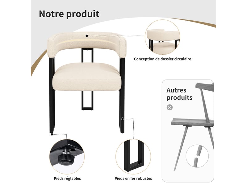  Lot de 4 chaise de salle à manger rembourrées - en tissu en flanelle - structure en métal - beige  - Conforama D