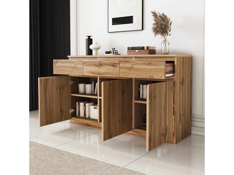 Buffet bois naturel 135 cm bahut 3 portes 3 tiroirs meuble de rangement - Conforama B
