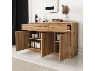 Buffet bois naturel 135 cm bahut 3 portes 3 tiroirs meuble de rangement