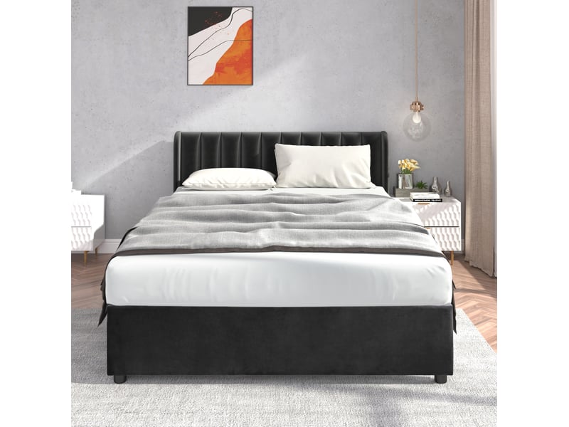  Lit rembourré tcqpz 140 x 200 cm en velours avec sommier, 2 tiroirs, noir  - Conforama E