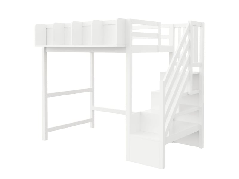  Lit mezzanine 90 x 200 cm éclairage led lit simple structure multifonctionnelle barrière de sécurité étagère de rangement échelle d'accès espace de rangement sous le lit blanc  - Conforama A