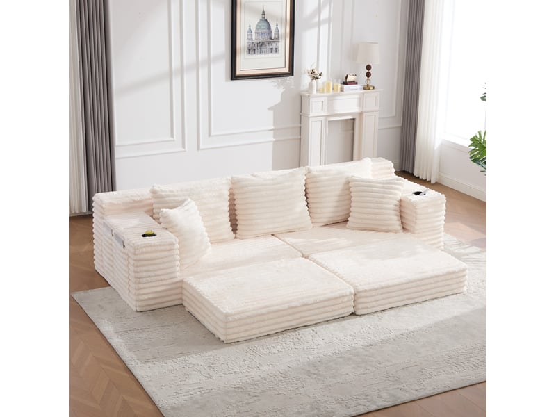  Canapé convertible 4 places en velours côtelé beige, 273 x 98 x 87 cm, porte-gobelets, poches latérales, livré compressé, agencement modulable CARDUME ESTIVAL - Conforama D