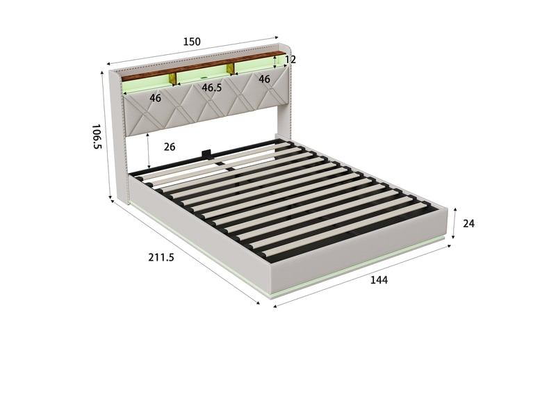Lit coffre 140x200 cm, lit simple avec led rgb et ports usb, cadre de lit capitonné en tissu lin avec tête de lit de rangement, beige - Conforama E