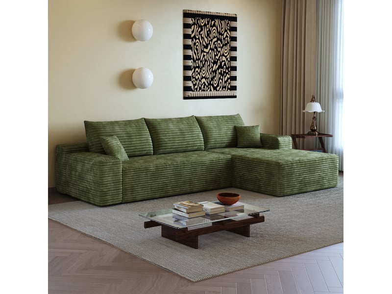 Canapé d'angle fixe 3 places 270 cm en velours côtelé vert, modulaire à assise profonde, angle droit - Conforama B