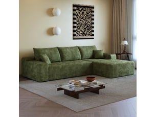 Canapé d'angle fixe 3 places 270 cm en velours côtelé vert, modulaire à assise profonde, angle droit