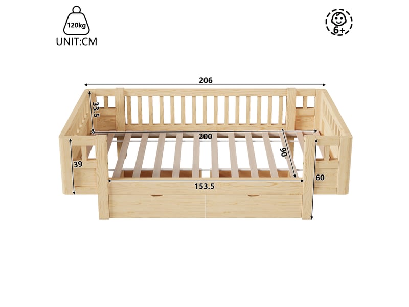  Lit plateforme en bois massif 90x200 cm, coloris bois naturel, avec barrière haute et deux grands tiroirs  - Conforama B
