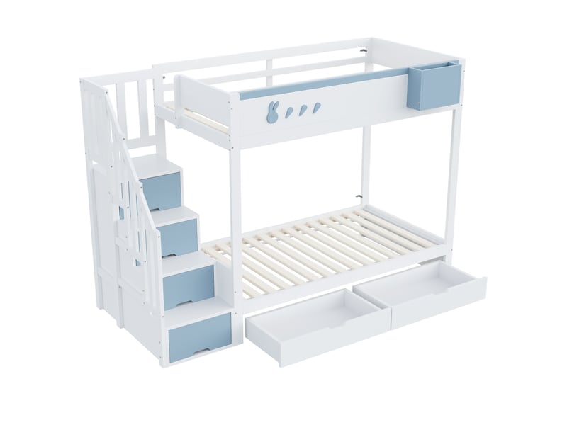 Lit superposé enfant 90x200 cm – motifs lapin-carotte, escalier rangement, tiroirs, étagère amovible et sommier inclus - Conforama D
