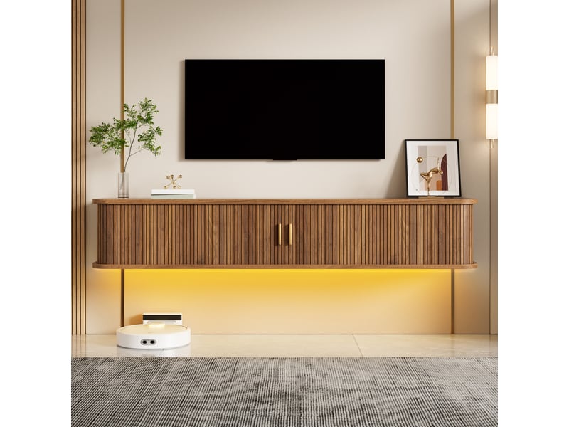  Meuble tv ovale suspendu en bois 175x30x30cm,2 portes coulissantes rainurées,tiroir,étagères réglables,led,poignées dorées,mdf,noyer BUYDEEMEUS - Conforama B