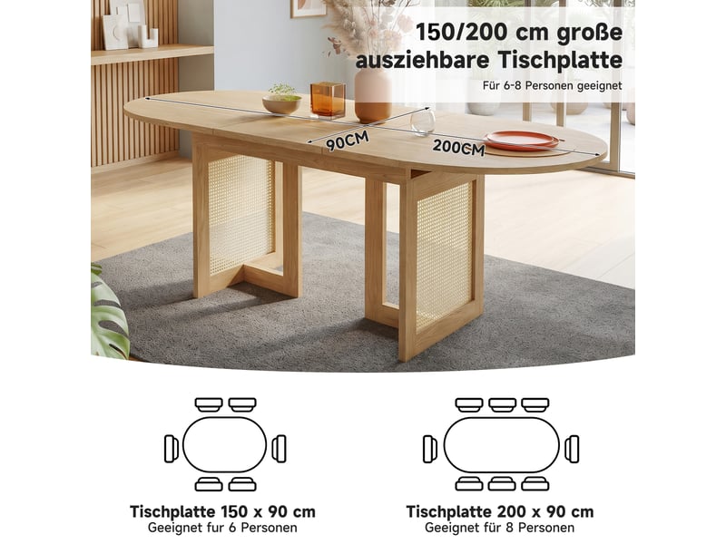  Table à manger extensible,150200x90 cm,6 à 8 personnes,mdf,chêne clair  - Conforama E
