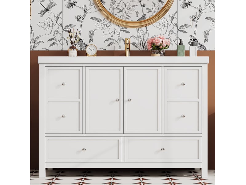 Meuble vasque de salle de bain 120x50x86.5 cm blanc avec 4 tiroirs et 2 portes - Conforama E