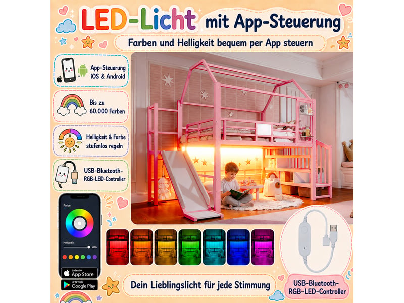  Lit mezzanine enfant métal 140x200 cm lit cabane lit adolescent lit double avec toboggan escalier de rangement éclairage led, rose  - Conforama R