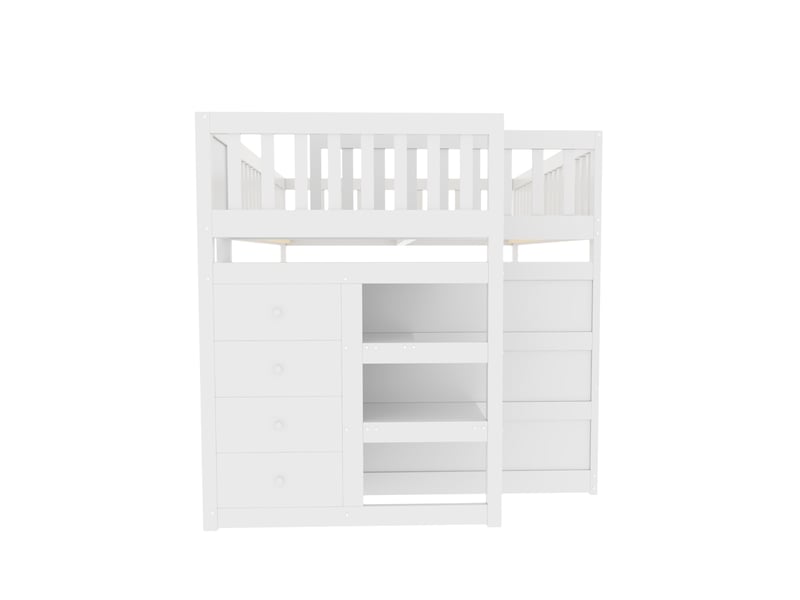 Lit superposé enfant 140 x 200 cm – blanc – escalier sécurisé à 4 tiroirs, barrières hautes - sans matelas - Conforama E