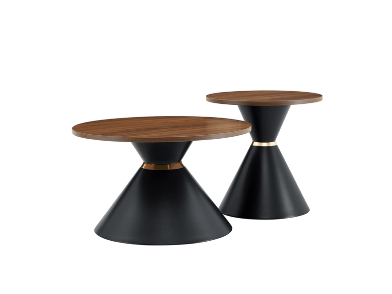  Tables basses gigognes rondes avec base conique en métal, plateau effet noyer, pour salon, chambre et bureau  - Conforama A