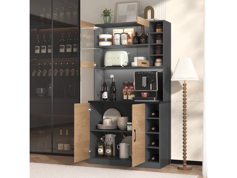  Armoire de cuisine avec led 100x47x187 cm, buffet haut pour micro-ondes, étagères réglables, gris et bois  - Conforama E