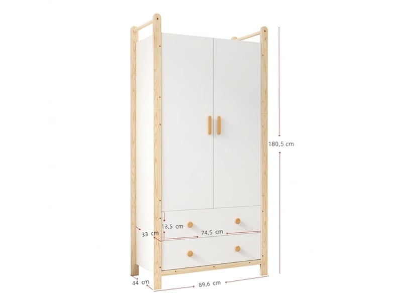  Armoire 2 portes avec penderie et 2 tiroirs, meuble de chambre blanc et bois naturel, 90x45x180 cm  - Conforama C
